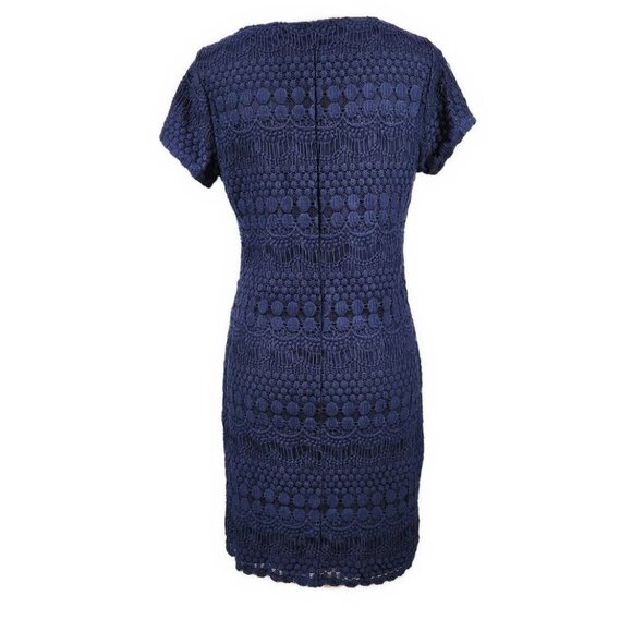 Tiana B Lace Sheath Pencil Dress Sz Large Navy Blue Crochet Overlay Short Sleeve - Picture 2 of 8